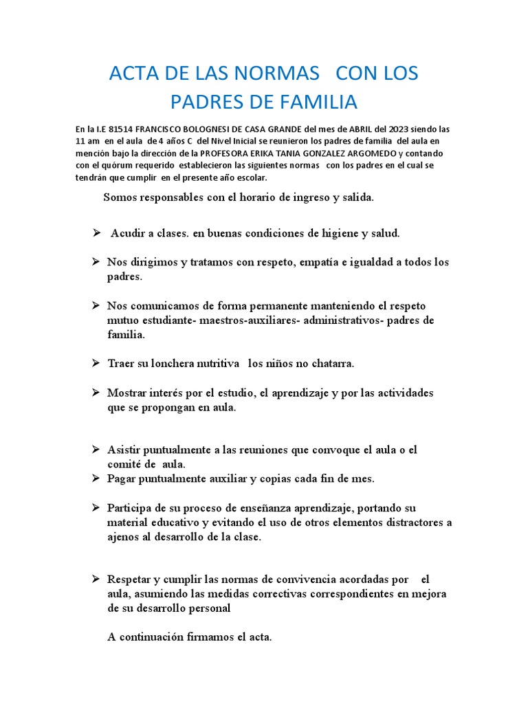 Normas de Convivencia para Padres de Familia | PDF