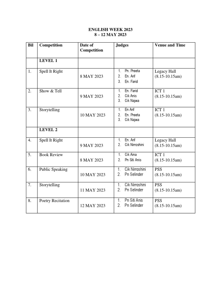 English Week 2023 Competition Schedule | PDF