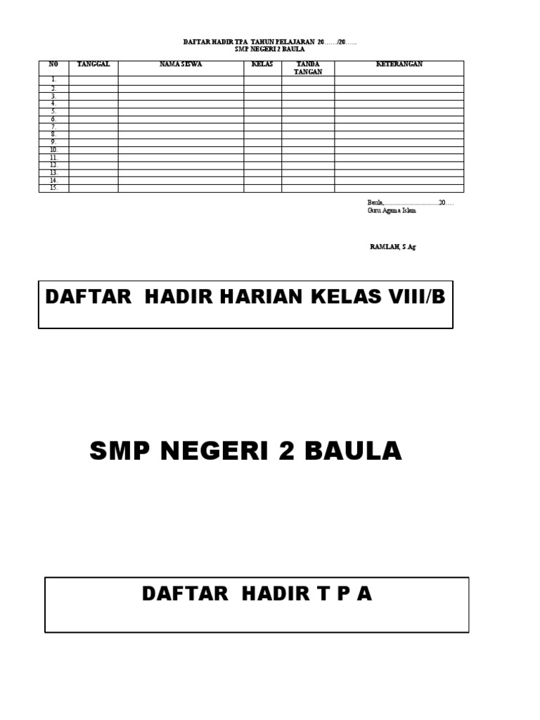 Daftar Hadir TPA Tahun Pelajaran | PDF