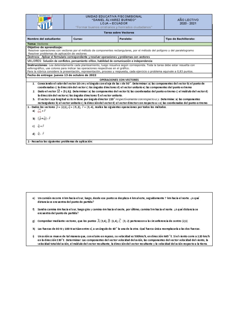 Deber Vectores 13-10-2022 | PDF | Vector Euclidiano | Velocidad