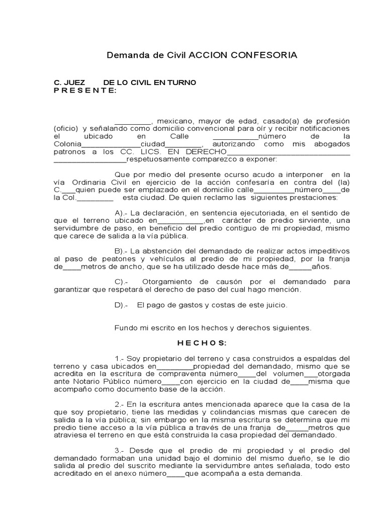 Acción Confesoria de Servidumbre de Paso | PDF | Demanda judicial ...