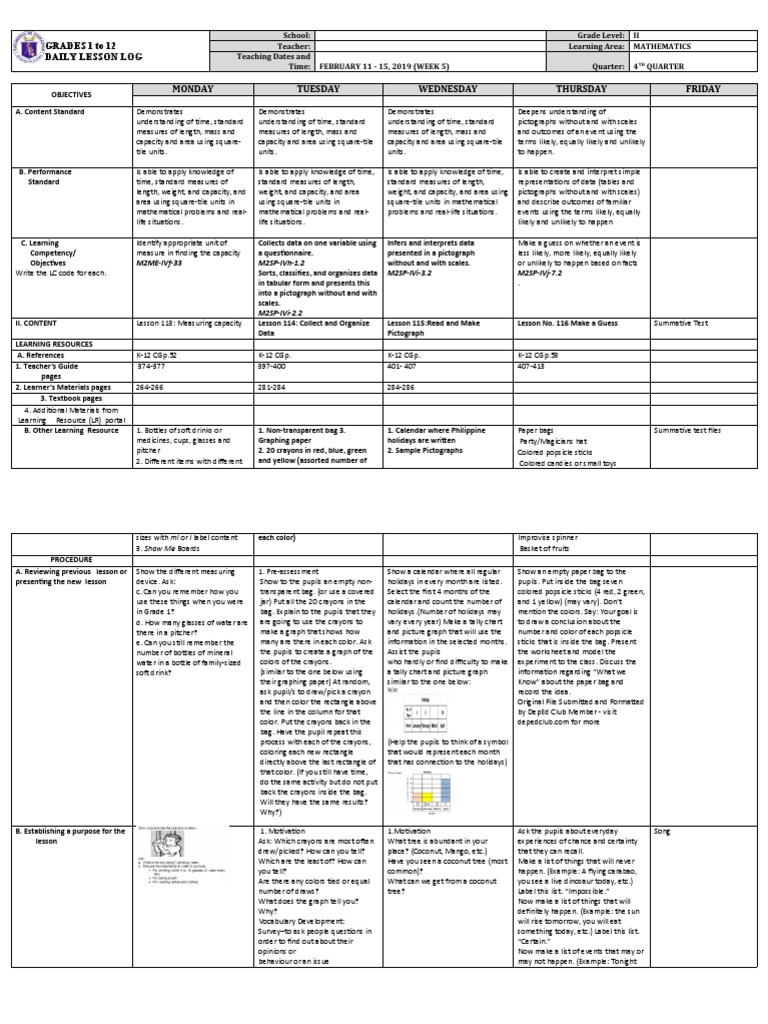 Math 2 Week 5 Lesson Plan | PDF | Data | Weight