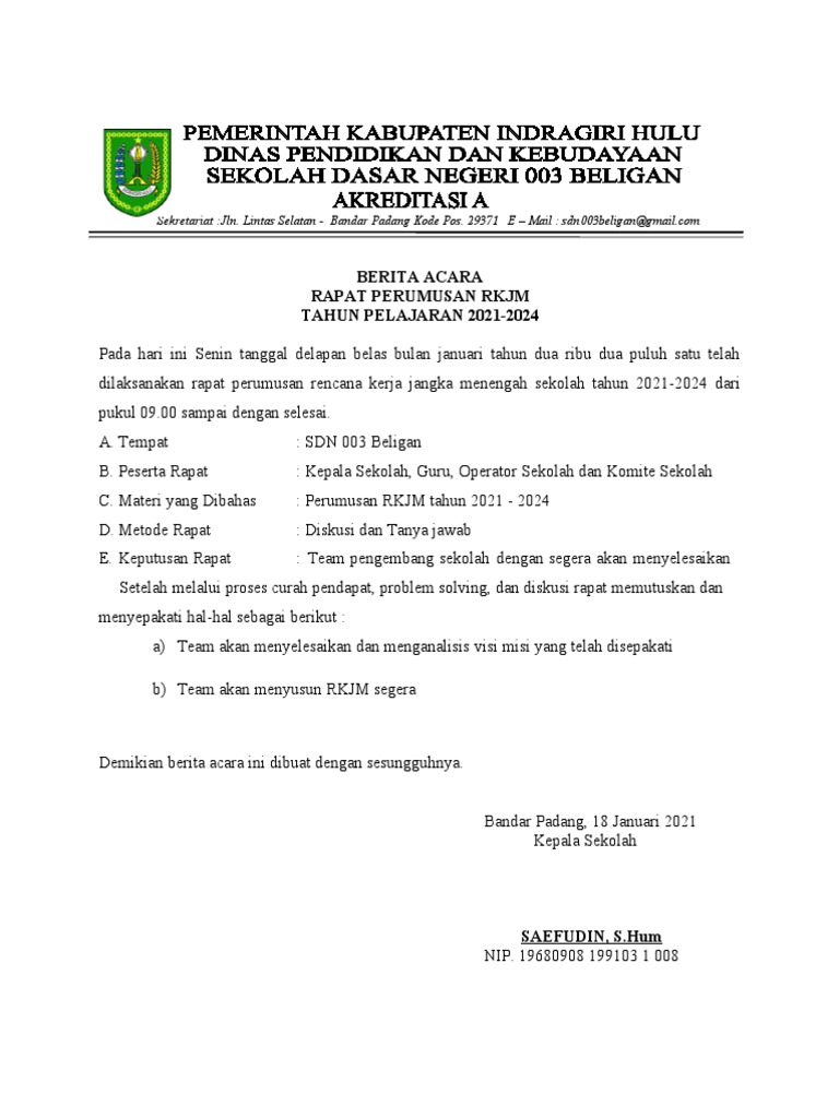 Berita Acara Rapat Penyusunan Eds, RKS, RKT Dan RKJM Tahun Pelajaran ...