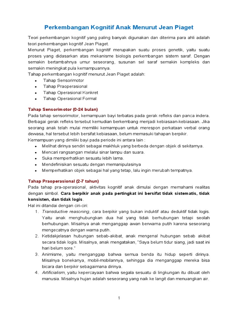 Tahapan Kognitif Anak Piaget Pdf Sains Matematika