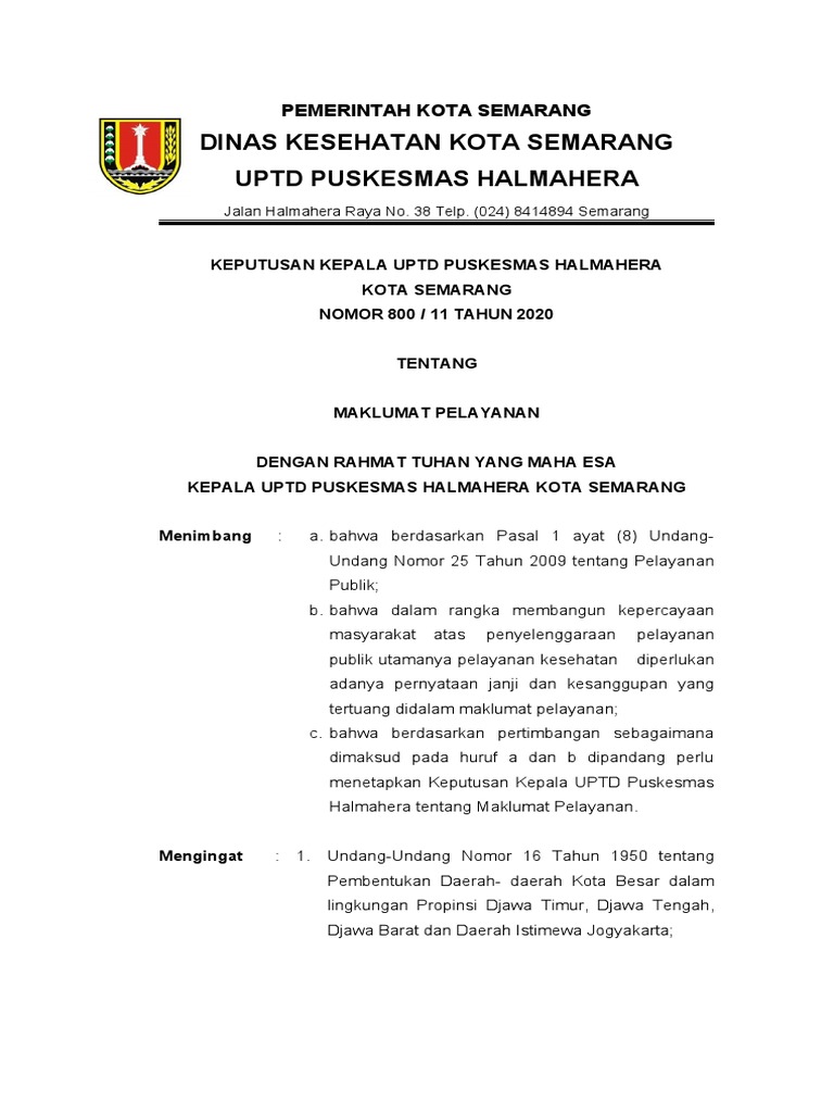 Maklumat Pelayanan Puskesmas Halmahera | PDF