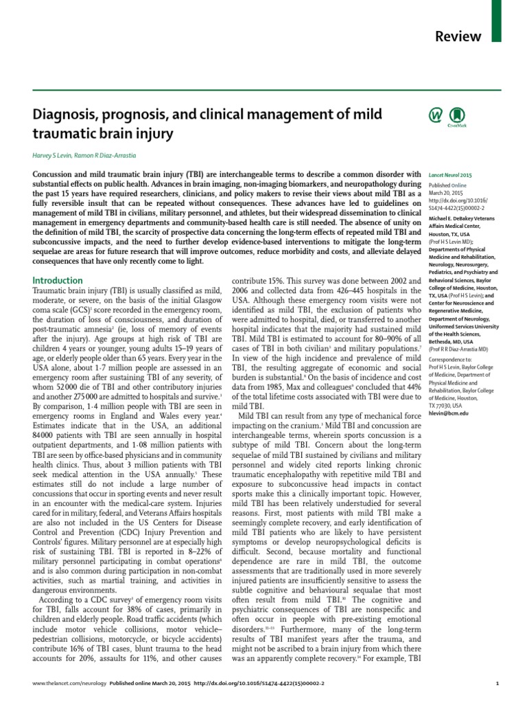 Diagnosis, Prognosis and Clinical Management of Mild Tbi | PDF