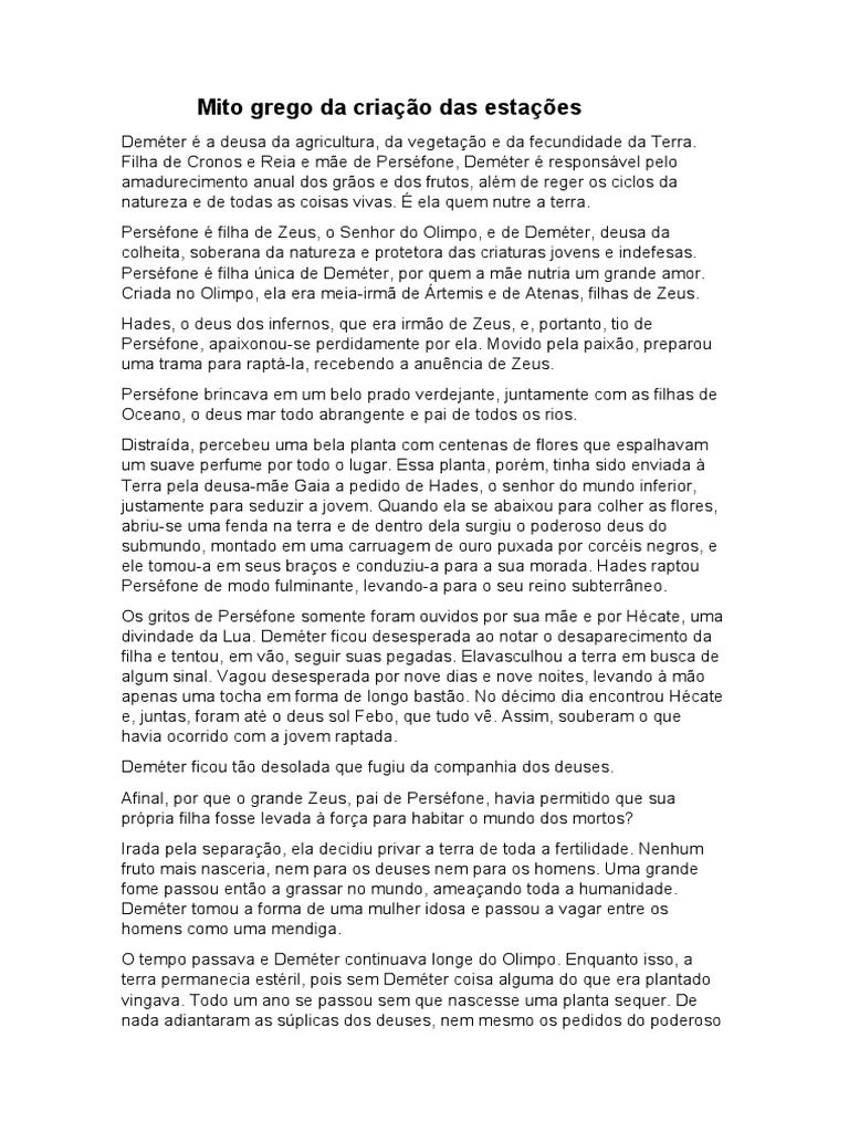 Mito Grego Da Criação Das Estações Pdf Perséfone Hades
