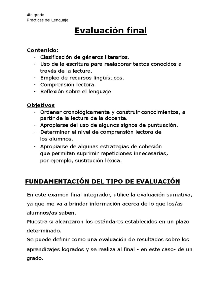 Evaluación Final de Lenguaje 4to Grado | PDF | Evaluación | Comprensión ...