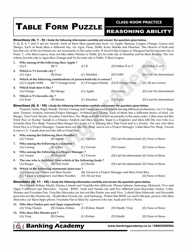 Table form puzzle question copy pdf