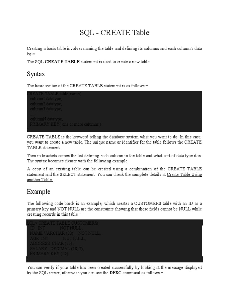 SQL - CREATE Table | PDF