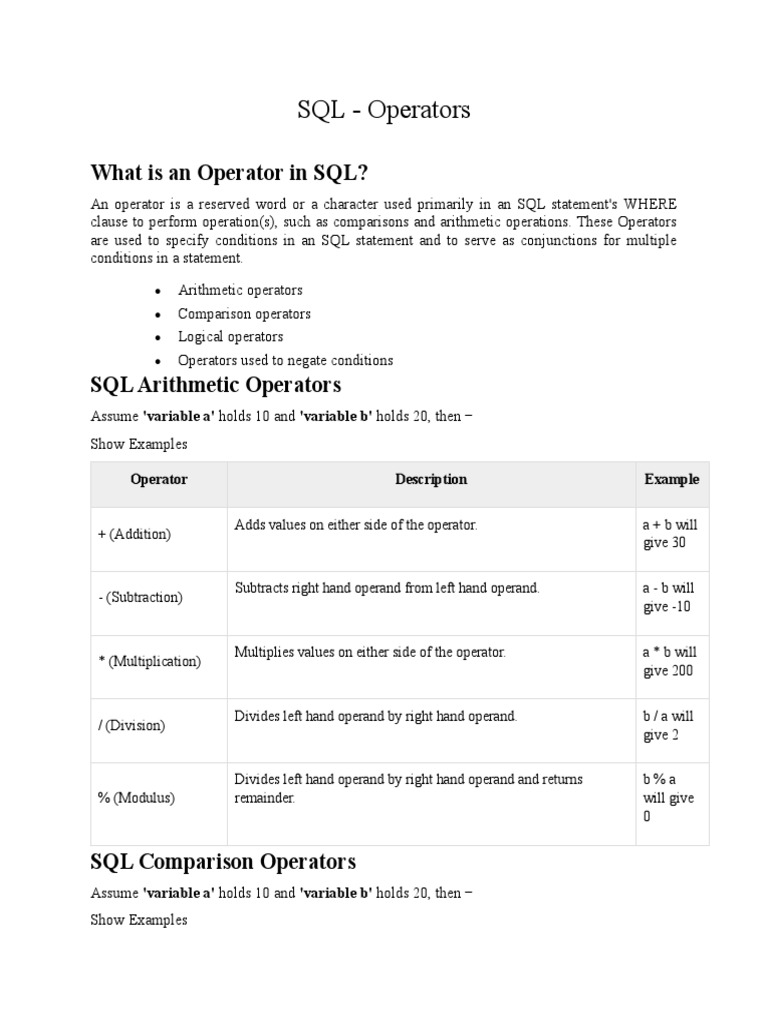 SQL - Operators | PDF | Computing | Arithmetic