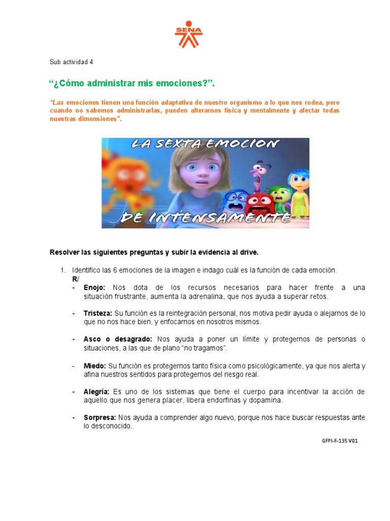 Gestión de Mis Emociones y Funciones | PDF | Las emociones | Ciencias ...