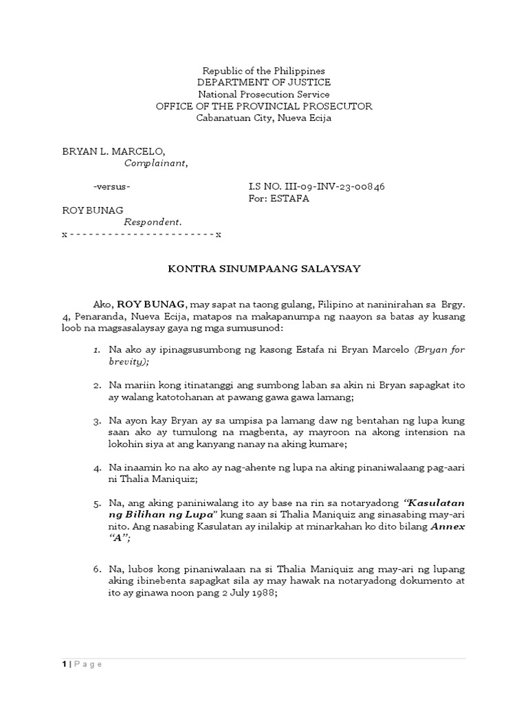 COUNTER AFFIDAVIT Oday Tagalog PDF