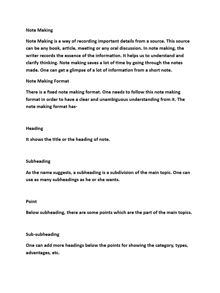 Format of note making pdf