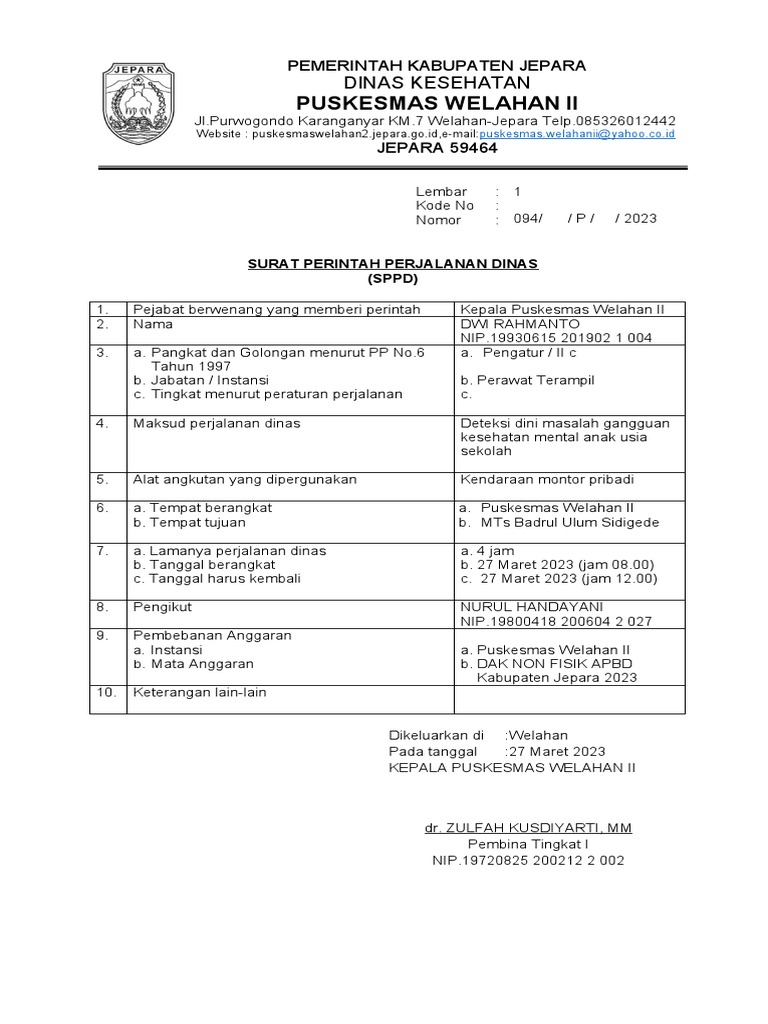 SPPD Dinas Kesehatan Jepara 2023 | PDF