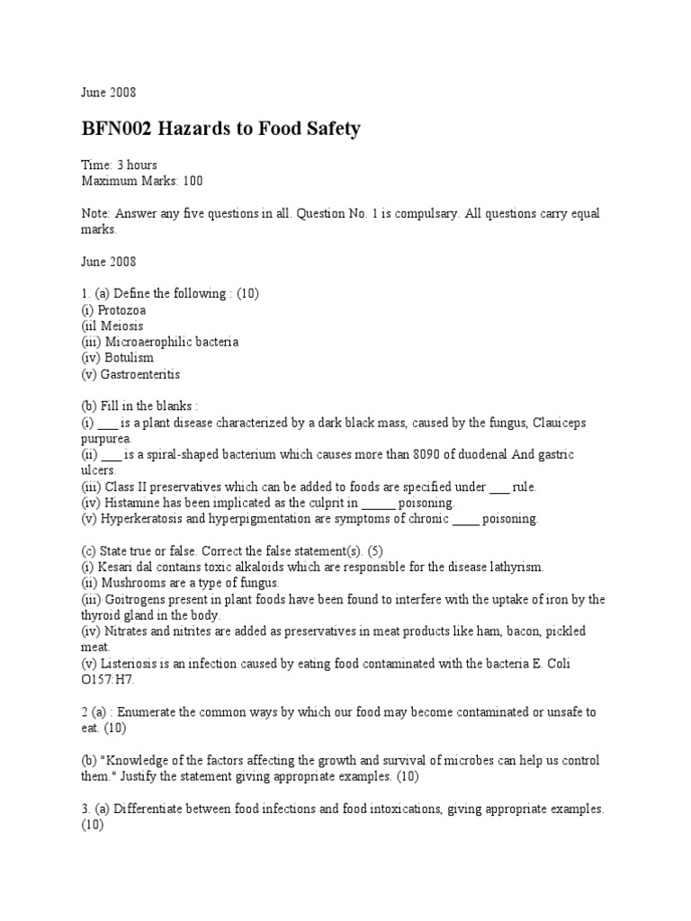 BFN Hazards To Food Safety June 2008 Test Papers 1 | PDF | Infection ...