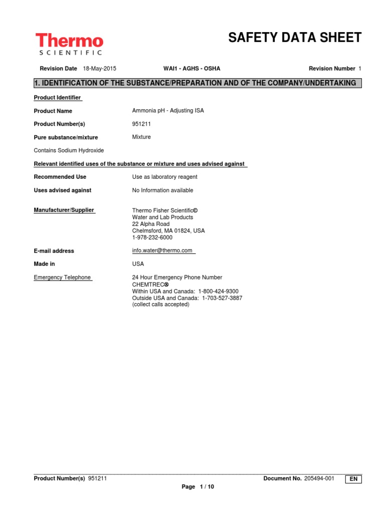 Ammonia pH Adjusting ISA Safety Data | PDF | Personal Protective ...