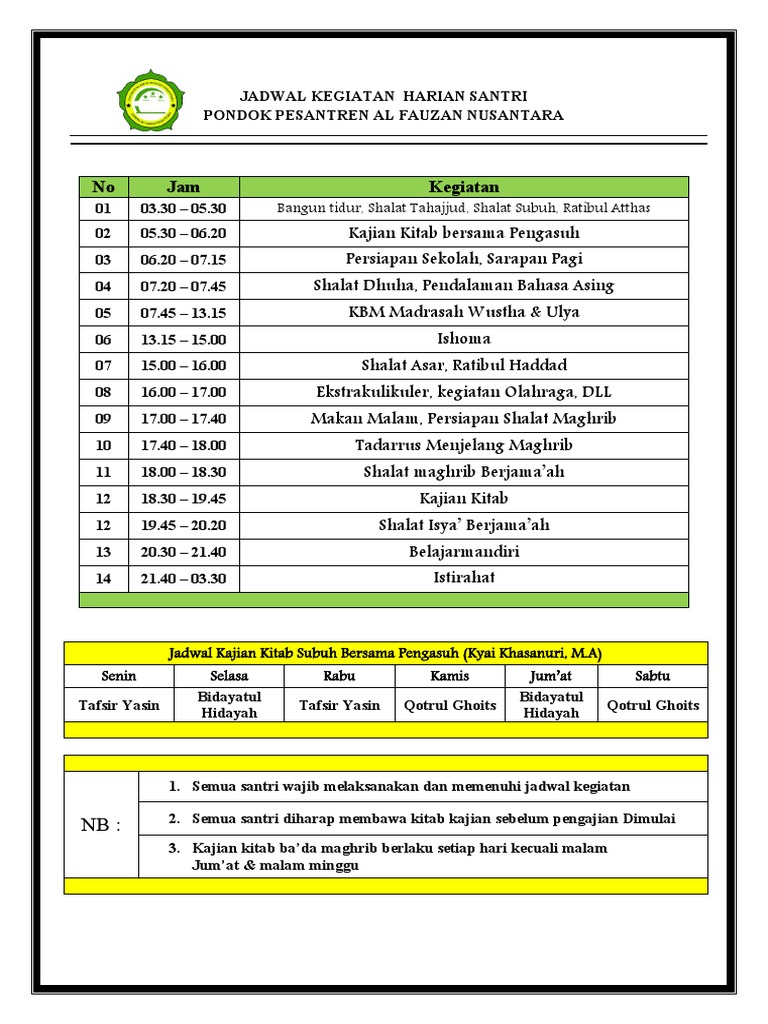Jadwal Kegiatan Santri Pdf