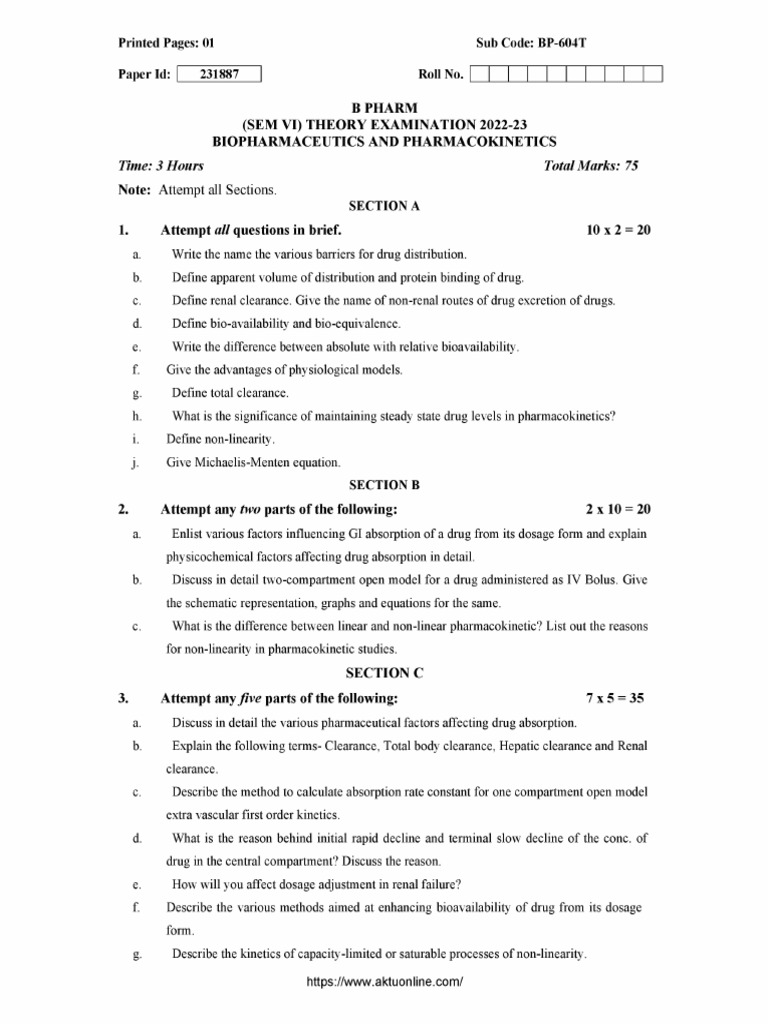 Bpharm 6 Sem Biopharmaceutics and Pharmacokinetics BP 604t 2023 | PDF