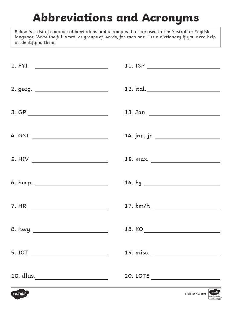 Abbreviations and Acronyms Set 3 Activity Sheet PDF Acronym