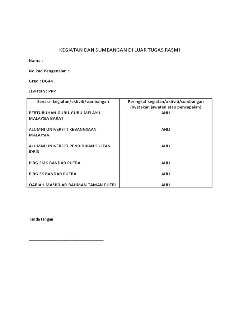 Borang Kegiatan Dan Sumbangan Di Luar Tugas Rasmi 2021 | PDF