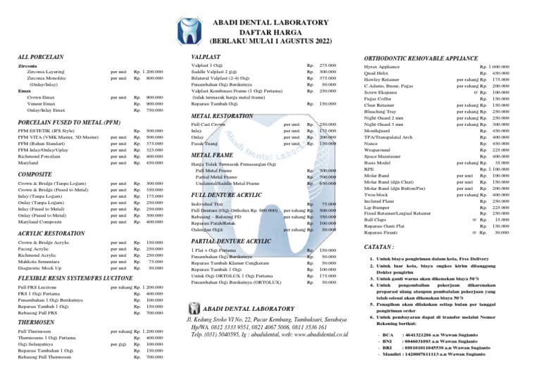 Daftar Harga ABADI DENTAL Lab 20221 PDF Dentistry Branches