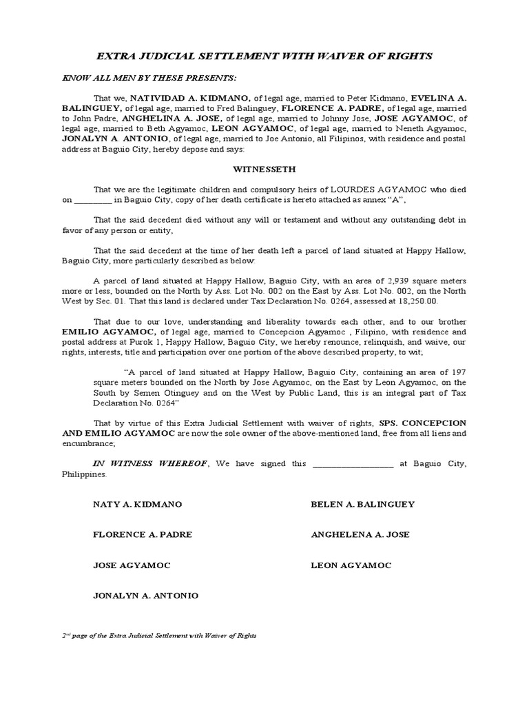 Extra Judicial Settlement With Waiver PDF Environmental Law Law