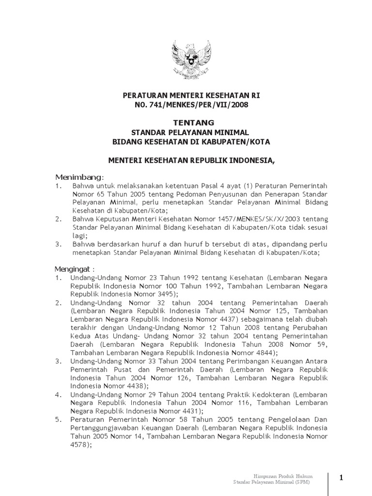 Permenkes RI No. 741 TH 2008 TTG SPM Kes | PDF