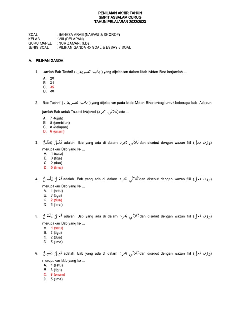 Soal Ujian Bahasa Arab Kelas 8 | PDF