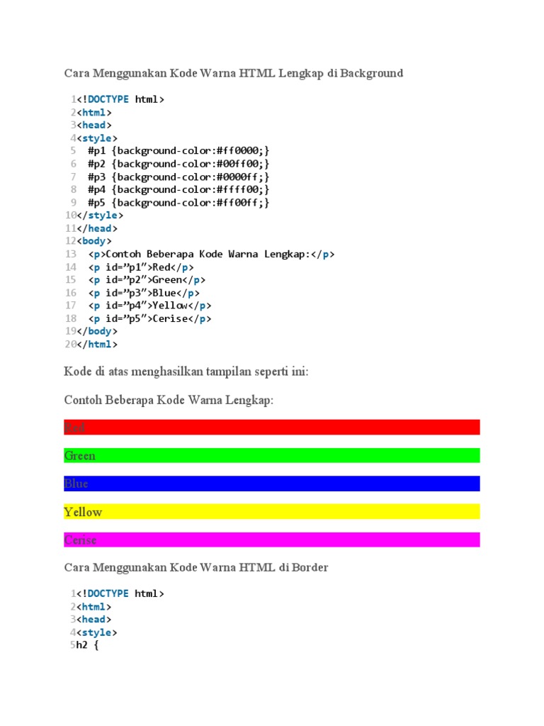 Cara Menggunakan Kode Warna HTML Lengkap Di Background | PDF