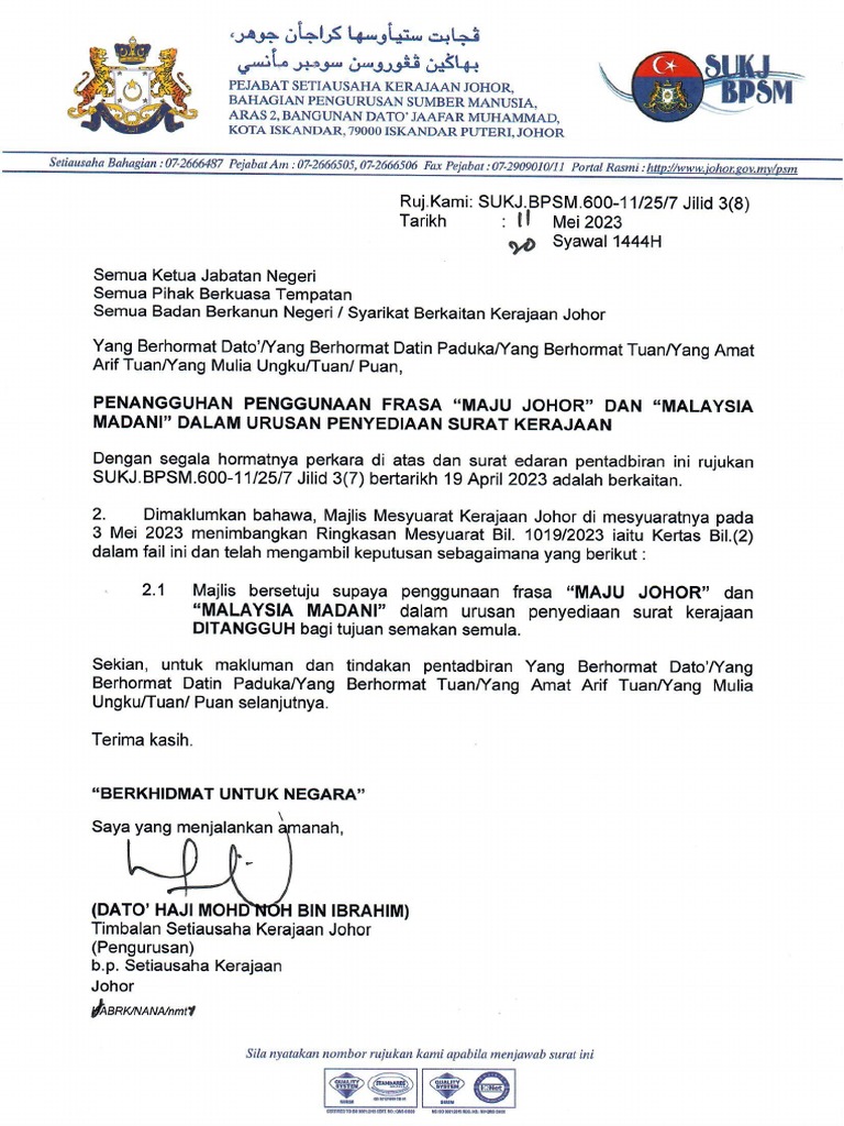 Surat Edaran Tangguh Frasa Malaysia Madani | PDF