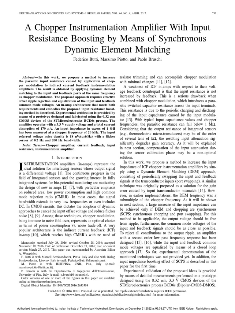 A Chopper Instrumentation Amplifier With Input Resistance Boosting by ...