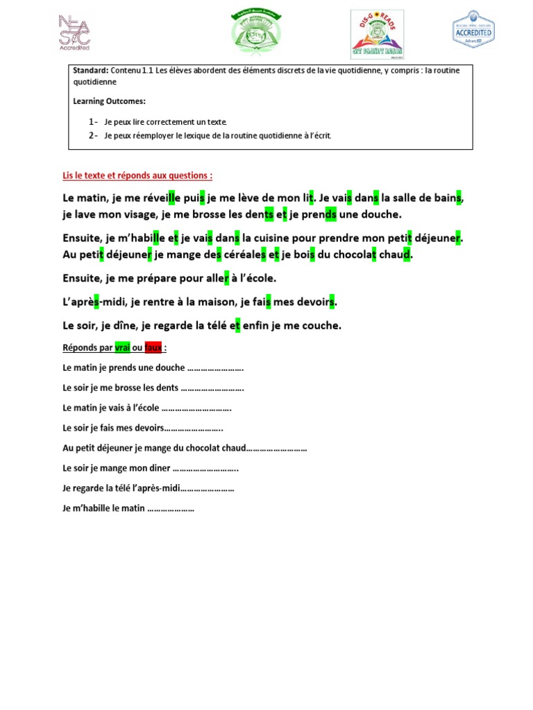 Ma Routine Quotidienne d'Élève | PDF