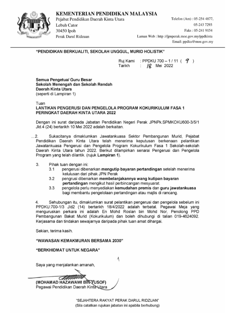 Surat Lantikan Pengerusi Pengelola Fasa 1 2022 | PDF