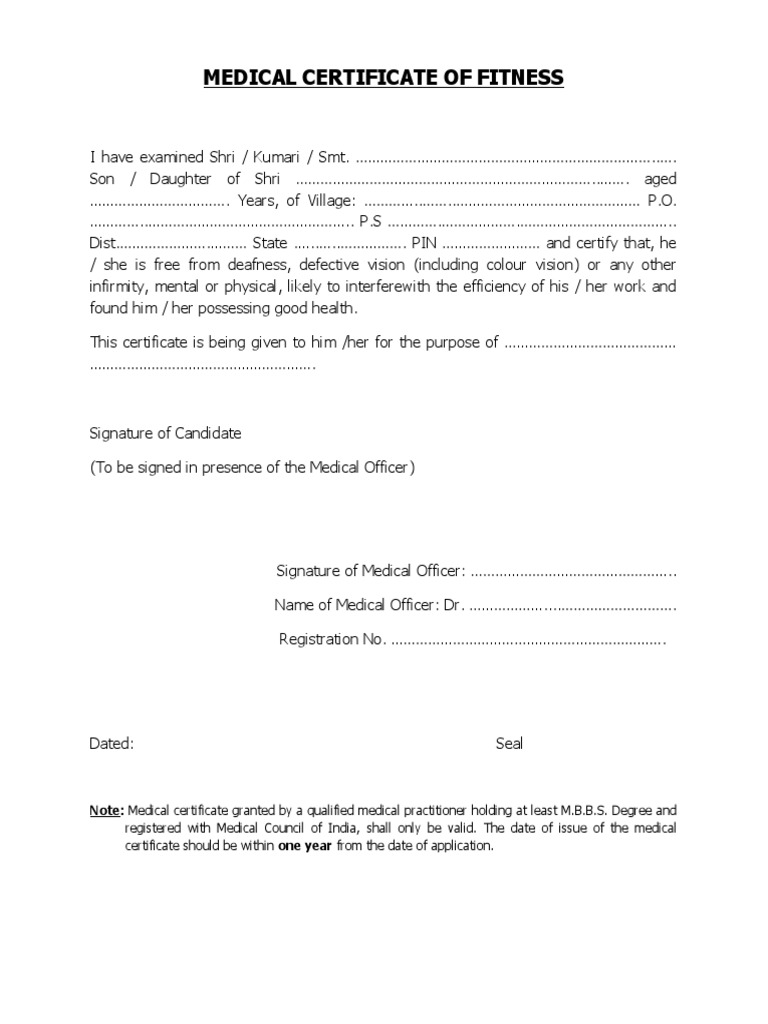Medical Fitness Certificate Format | PDF | Law | Self-Improvement