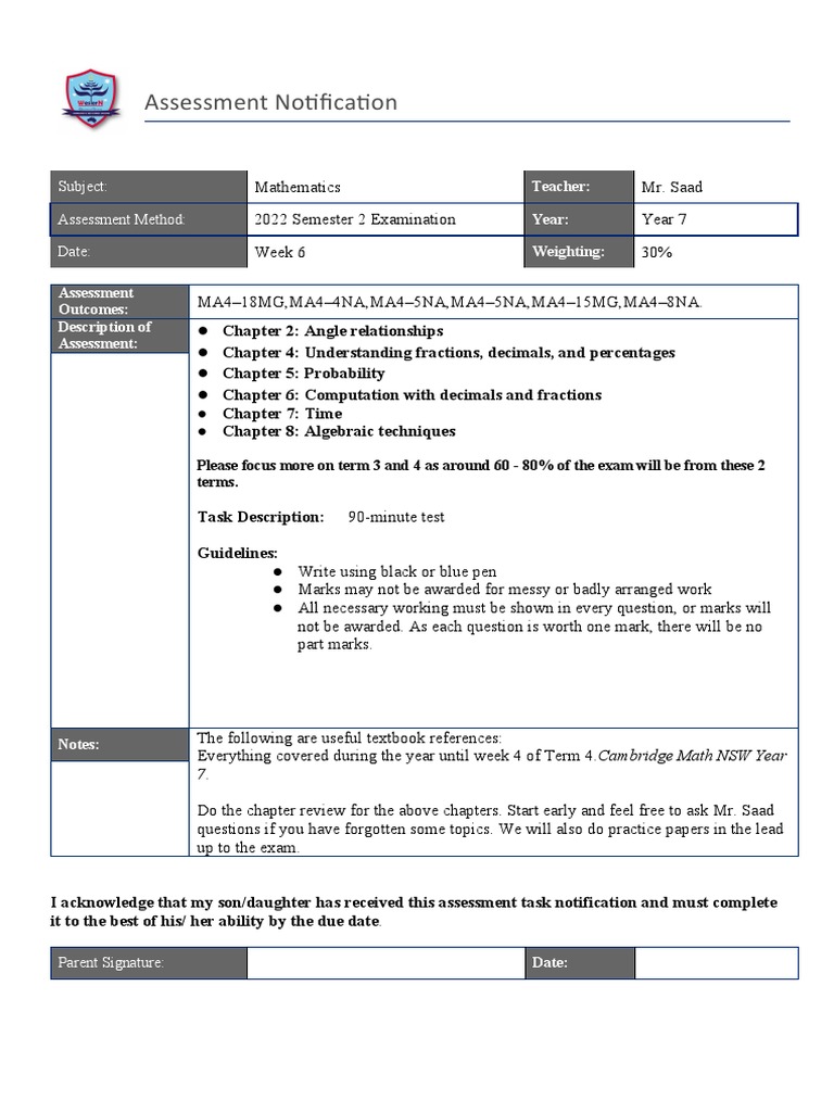 Year 7 Math Exam Notification 2022 | PDF | Mathematics | Cognition