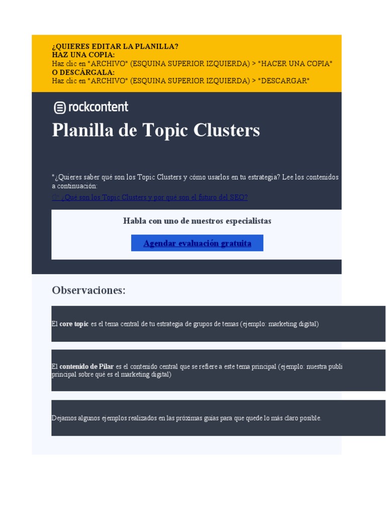 Planilla de Topic Clusters SEO | PDF | Marketing | Negocios económicos