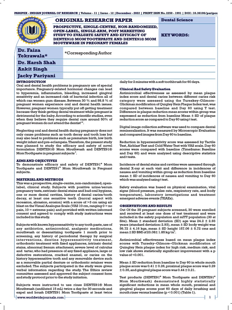 Safety and Efficacy of Dente91 MOM Toothpaste and Dente91 MOM Mouthwash in Pregnant Females