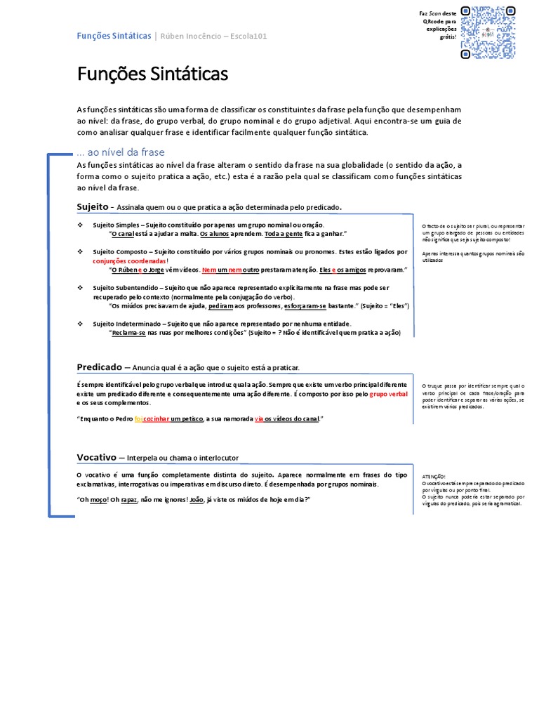 Funções Sintáticas - Resumo e Exercícios Resolvidos | PDF | Assunto ...