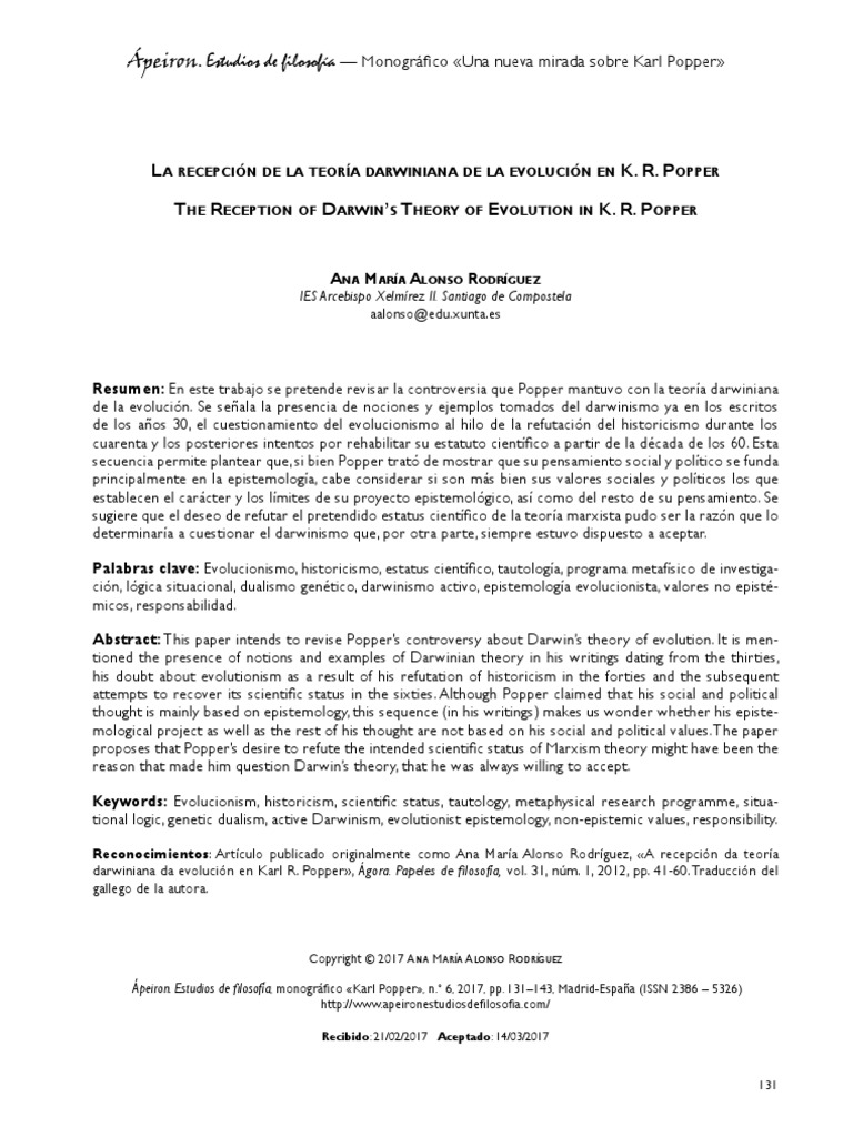 La Recepción de La Teoría Darwiniana de La Evolución en Karl R. Popper Ana María Alonso