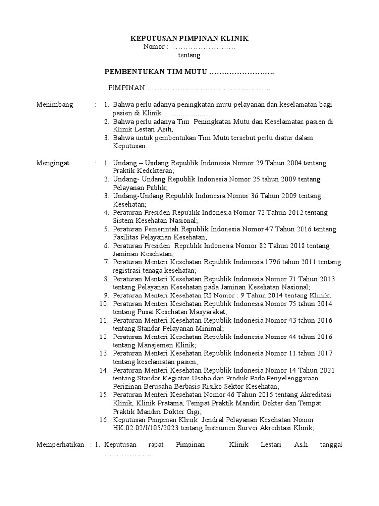 Pembentukan Tim Mutu Klinik Lestari Asih | PDF