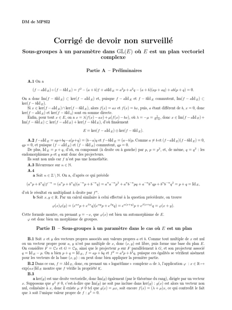 Corrigé DM MPSI2 Sousgroupes GL(E) PDF Valeur propre, vecteur — free download