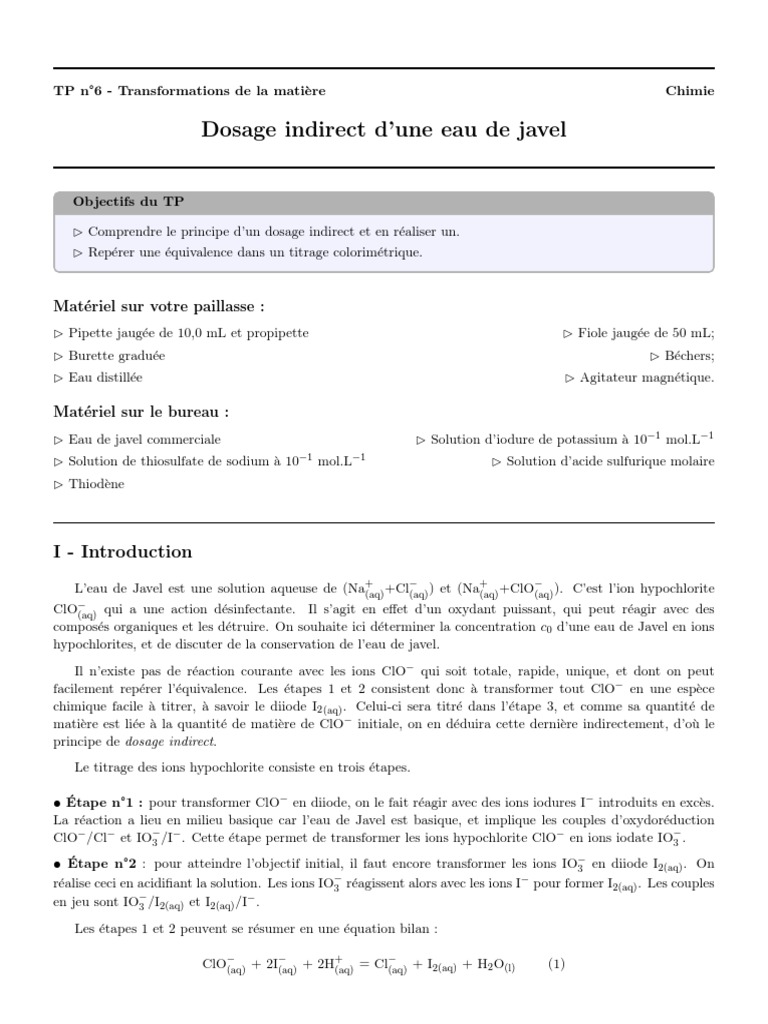 Dosage indirect de l'eau de Javel PDF Titrage Chimie — free download