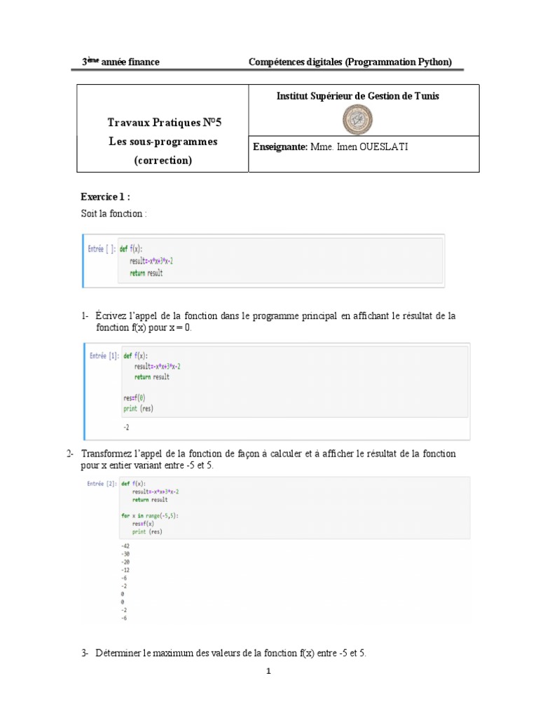 Sous-programmes en Python : TP 5 Finance | PDF