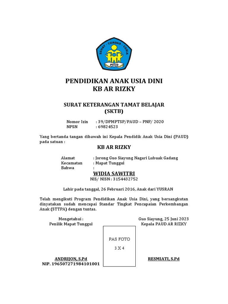 Sertifikat Paud Ar Rizky 2023 | PDF