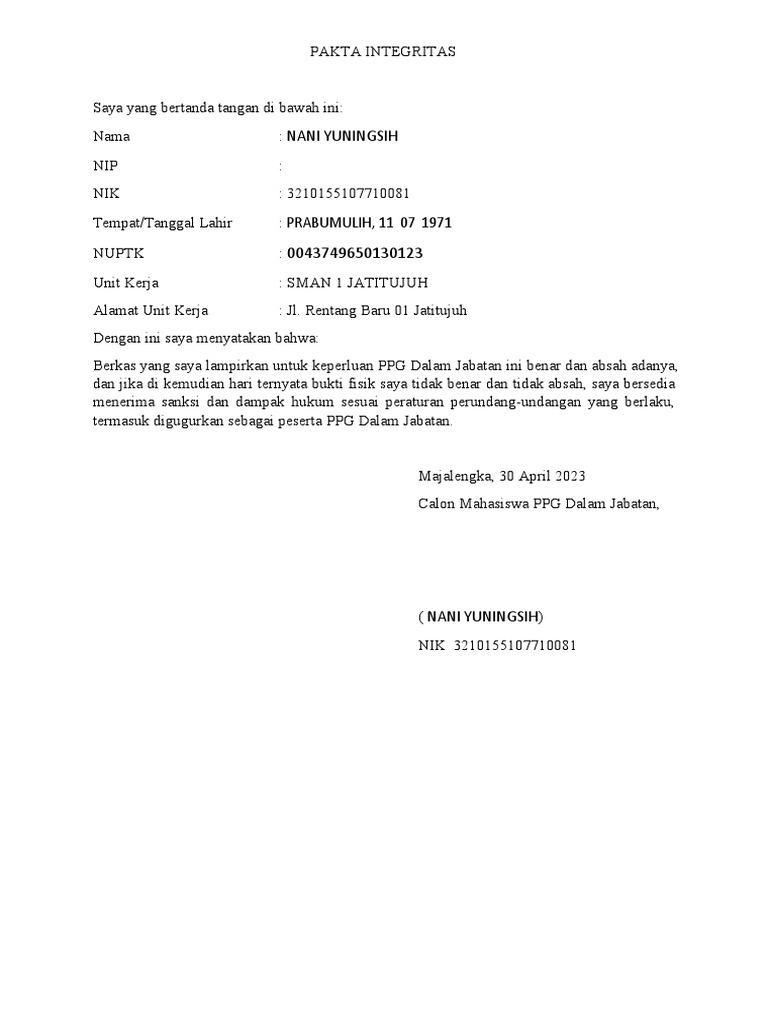 Template Pakta Integritas 2023 1 | PDF