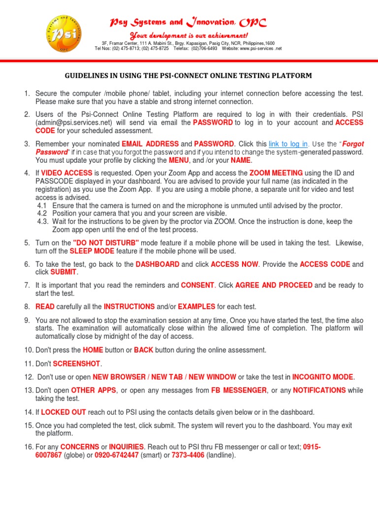Guidelines in Using The Psi Connect Online Testing Platform PDF
