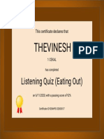 Certificate For THEVINESH For - Listening Quiz (Eating Out)
