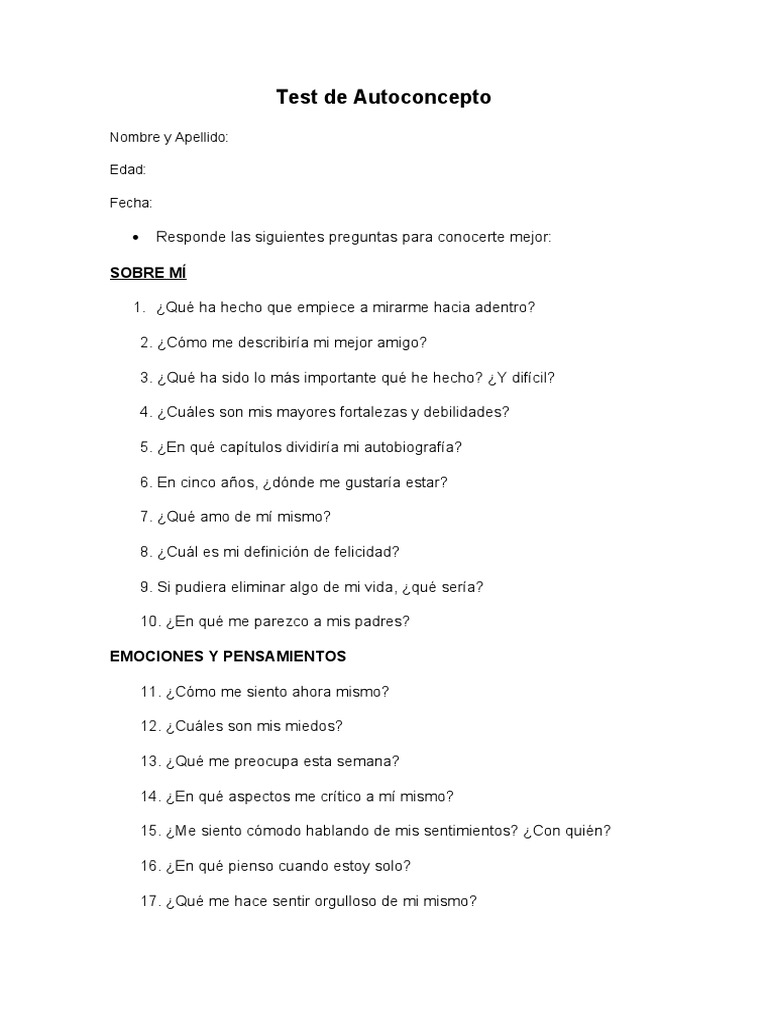 Test de Autoconcepto para el Autoconocimiento | PDF | Crecimiento ...
