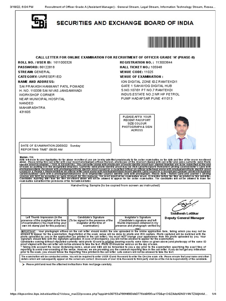 SEBI Phase 2 Admit Card PDF Identity Document